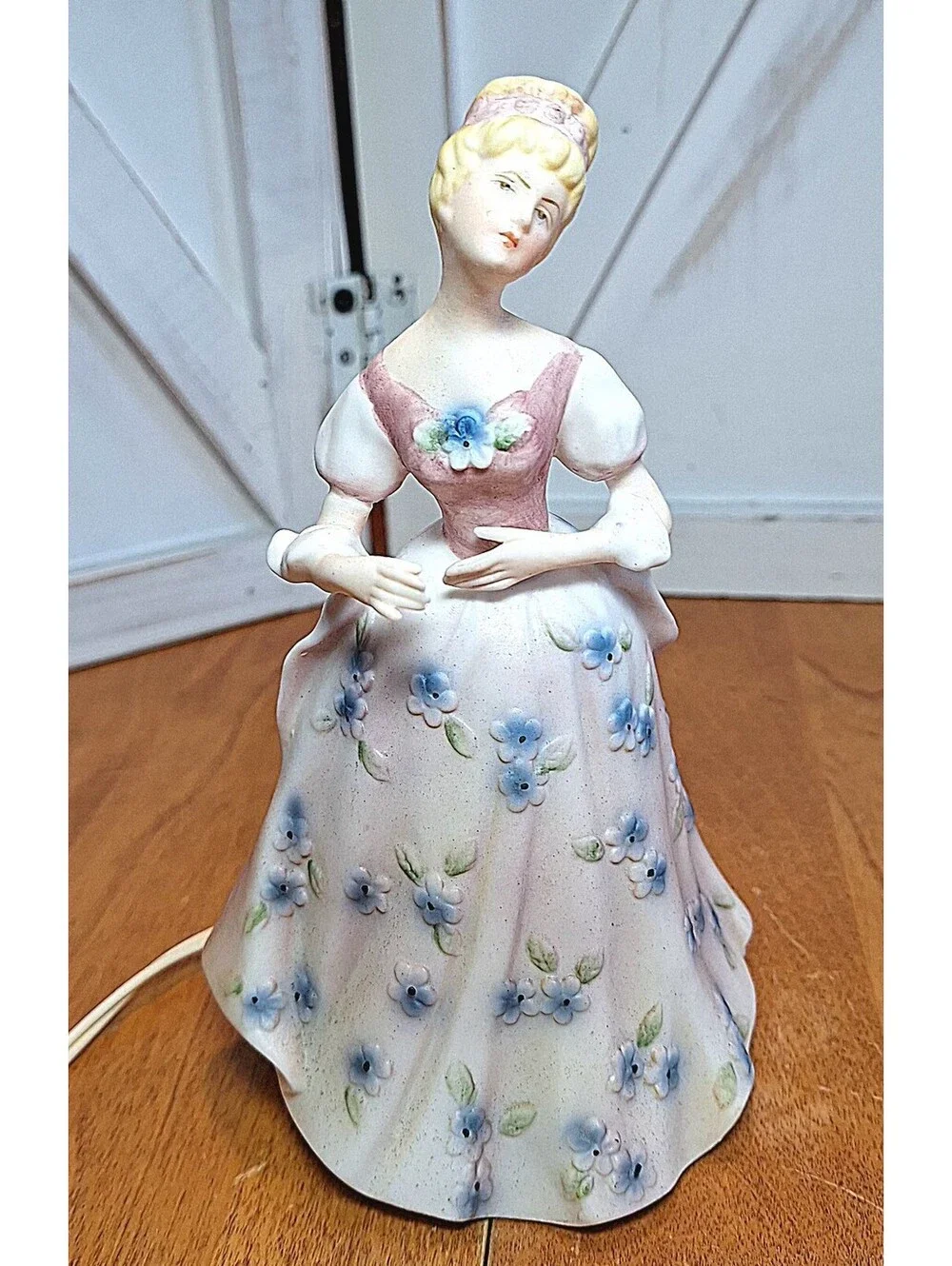 VTG Porcelain Lamp/Night Light Ardalt Japan Victorian Lady Dress w/Blue Florals